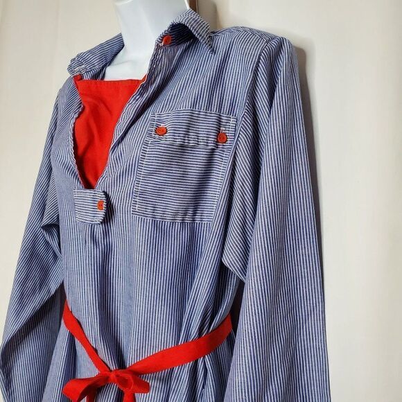 Vintage 80s Blue Stripe Collared Shirt Dress 14 Light Weight Beach Nautical Red - Picture 4 of 7